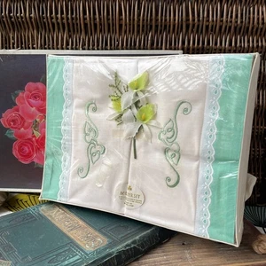 Vintage Northern Irish Bolster Set 2 Embroidered Pillow Cases & Bolster Unused - Picture 1 of 11