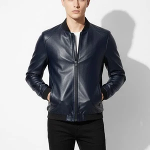 Men's Genuine Lambskin Leather Navy Blue Slim Fit Bomber Biker Jacket - Picture 1 of 5