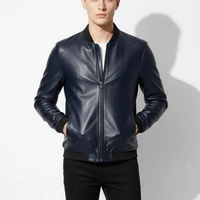 Men's Genuine Lambskin Leather Navy Blue Slim Fit Bomber Biker Jacket - Image 1 of 4