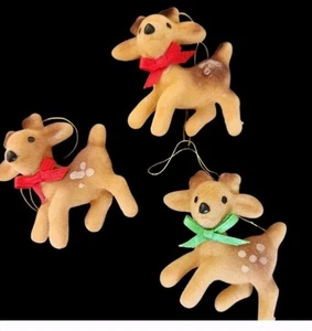 Vintage Flocked Christmas Reindeer Ornaments Set of 4 Brown Spotted Kitschy - Picture 1 of 1