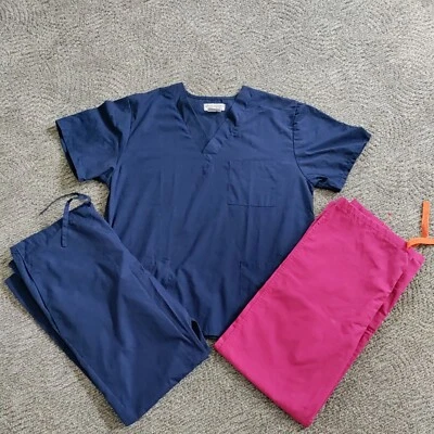 Natural Uniforms M Scrubs Dark Blue Navy Set + hot pink Pants inseam 28" Comfort - Image 1 of 4
