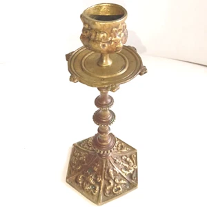 Bougeoir en Bronze marqué HB Décor de Mascarons de Perles et Rinceaux - Picture 1 of 12