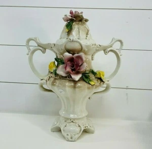 Vintage Capodimonte Large 16" Urn With Lid Pink & Yellow Flowers Centerpiece - Picture 1 of 11