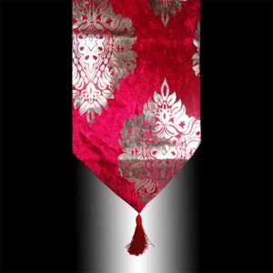 RARE SHINY RED THICK VELVET SILVER DAMASK TASSEL WEDDING BED TABLE RUNNER CLOTH - Picture 1 of 2
