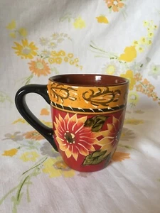 Pier 1 SUNFLOWER Coffee Tea Mug Cup Hand Painted Terracotta - Picture 1 of 10