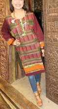 WOMENS TUNIC DRESS COTTON MAROON BOHO GYPSY HIPPIE COMFY LONG KURTA S