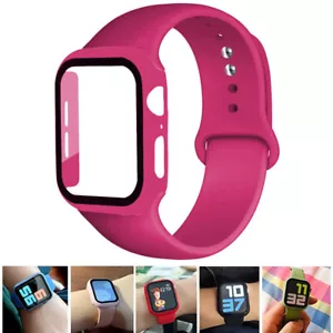 Glass+Case+Strap For Apple Watch band 44mm 41mm 45mm 40mm 38mm 42mm Silicone bra - Picture 1 of 155