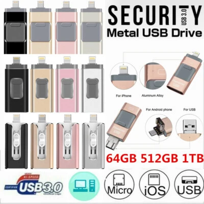 3 in1 USB3.0 Flash Drive 64G  512GB OTG Pendrive Memory Stick for iPhone iPad PC - Image 1 of 4