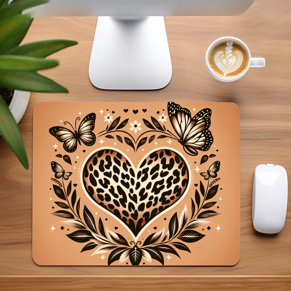 Leopard Print Heart with Butterflies Custom Mouse Pad (Brown) - Image 1 of 1