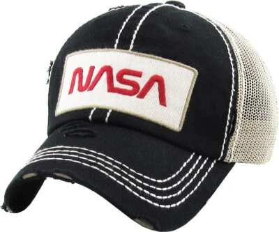 NASA Distressed Adjustable Black & Khaki Mesh Back Cap Dad Hat by KB Ethos - Image 1 of 3