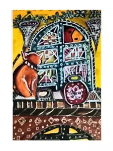Bunte Katze Malerei - Lebendige Kunst Aquarell Druck 8 in x 10 in signiert - Bild 1 von 7