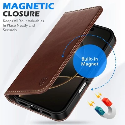 SHIELDON Case for iPhone 16 Pro 5G 2024, Genuine Leather Flip Wallet Magnetic
