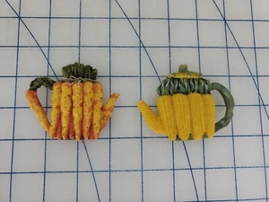 pair of vintage refrigerator magnets CARROT CORN Teapots kitchen fridge CUTE! - Picture 1 of 9