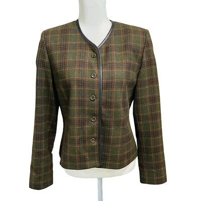 Blazer Chaqueta Vintage Pendleton Lana Cuadros Cuero Borde Talla 8 Oliva/Marrón Usado en Excelente Condición Foto 1 de 4