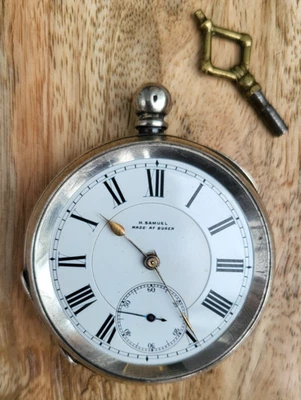 ANTIQUE SWISS H. SAMUEL 935 SILVER POCKET WATCH MISSING GLASS C1890 WITH KEY — 第 1/4 张图片