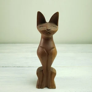 Vintage MCM Mid Century Modern Siamese Cat Carved Wood Wooden Statue 9" - Picture 1 of 8