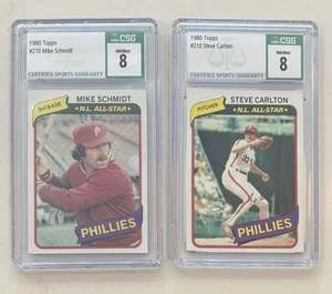 Lotto classificato Topps 1980: HOF Vintage Phillies Mike Schmidt & Steve Carlton CSG 8 - Foto 1 di 4