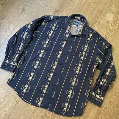 Vintage Wrangler Checotah Western Shirt – Black Pearl Snap – Aztec Print - Image 1 of 4
