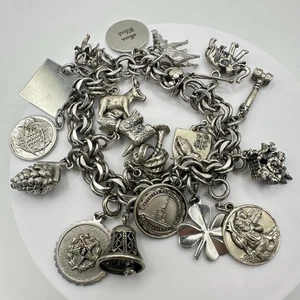 Vintage 925 Sterling Silber Doppel Kabel Glieder Loaded 18 Charms Armband 94g - Bild 1 von 8