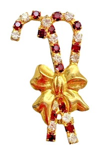 Candy Canes Brooch with Bow Gold Tone & Rhinestones 1.75" - Picture 1 of 3
