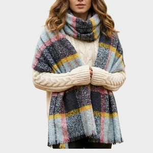 Blanket Scarf Soft Acrylic Striped Plaid Gray Black Yellow Pink 19" x 68" - Picture 1 of 9