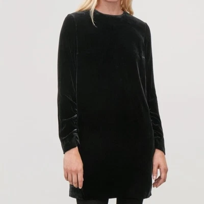 COS Velvet Long Sleeve Dress Black Ruched Rayon SILK Fall Mini Shift Dress US 8 - Image 1 of 4