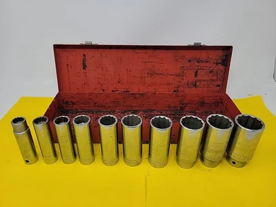 Vintage Wright Tool 10 Piece 3/4" Drive Standard Socket Set In Metal Box Case - Image 1 of 4