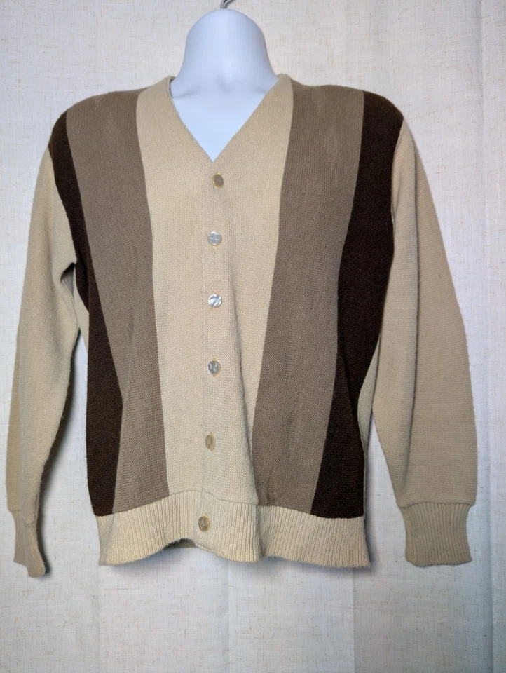 Cárdigan Vintage Jack Nicklaus por Revere Mazet 100% Orlon Acrílico M Rayas Marrón Foto 1 de 4