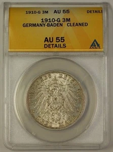 1910-G Germany-Baden Three Mark Silver Coin 3m AU-55 Details Cleaned - Picture 1 of 2