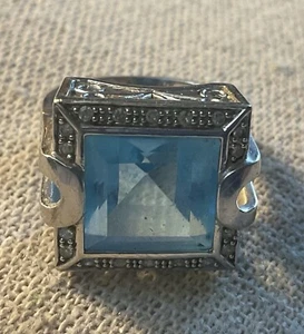 10k White Gold Blue Topaz Ring Diamond Accents Art Deco Style Size 7.25 Step Cut - Picture 1 of 7