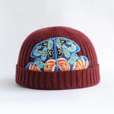 Ethnic Embroidered Floral Knit Beanie Hat Rolled Cuff Brimless Thermal Skullcap - Image 1 of 4