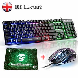 【Diseño del Reino Unido】Teclado para juegos USB retroiluminado arco iris con cable + combo de mouse para jugadores de 2400 DPI - Imagen 1 de 12