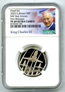 Gran Bretaña 2025 50P Proof NGC PF69 Royal Air Force flechas rojas primeros lanzamientos - Imagen 1 de 2