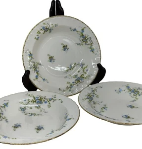 VTG Pope Gosser Fleurette China Bowls Set-of-3 Floral Gold Trim Soup Bowls Blue - Picture 1 of 9