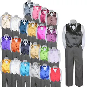 Baby Boy Toddler Formal 4pc Dark Gray Pants Choose a Color Vest+ Bow tie S-7 - Picture 1 of 25