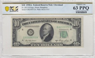 $10 1950A FEDERAL RESERVE NOTE Fr.2011-A PCGS CHOICE UNC 63 PPQ - Image 1 of 2