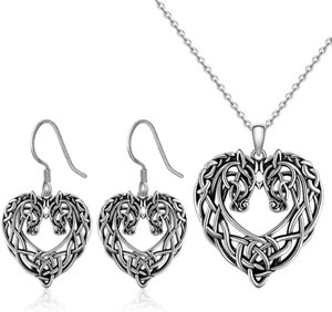 Celtic Knot Heart Horse Necklace Earrings Set Sterling Silver Gifts for Women - Picture 1 of 9