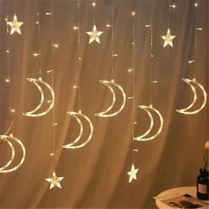 138 LED Curtain Star Moon Hanging Fairy String Lights Party Home Ramadan Decor - Picture 1 of 9