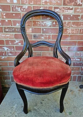 Antique Mahogany Chair Balloon Back Carved Back Red Velvet Seat - Image 1 of 4