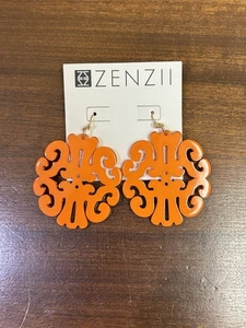 ZENZII Acrylic Resin Earrings Uptown Swirl Orange Dangle Statement Damask - Picture 1 of 6