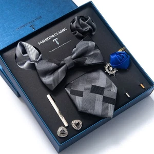Groom's Bow Tie,Necktie,Tie Clip,Hanky,Brooch,Corsage,Cufflinks 6pc Set with Box - Picture 1 of 3