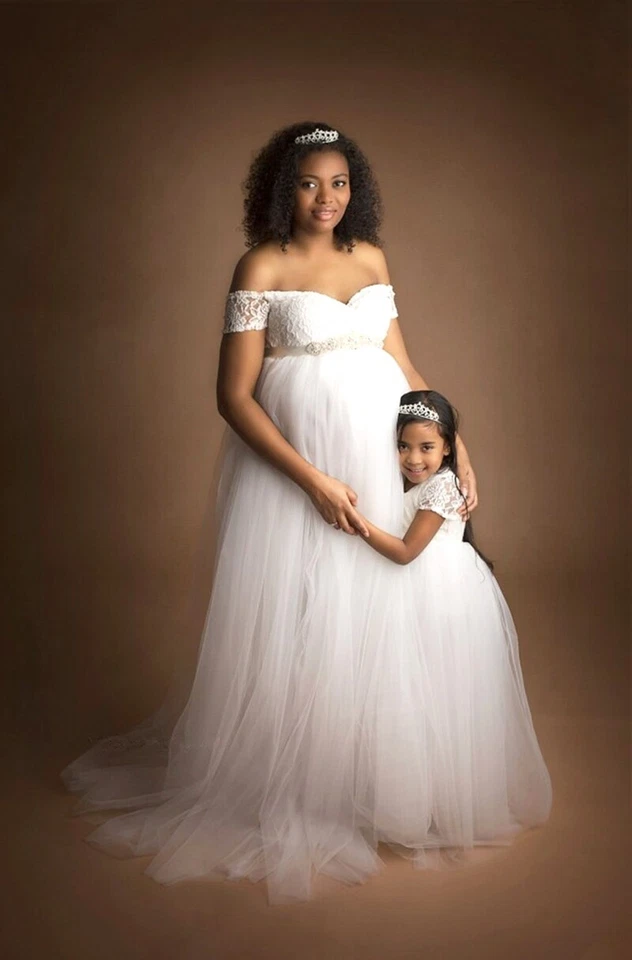 Pregnant Women Dress Maternity Short Sleeve Lace Skirt Tail Gown For Photo Shoot - Image 1 of 4