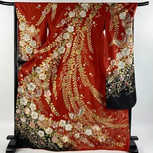 Woman Japanese Kimono Furisode Silk Butterfly Tsujigahana Silver Thread Foil Red - Picture 1 of 8