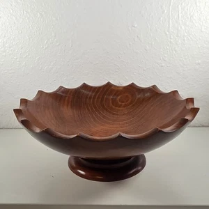 VTG woodcraftery scalloped Hand Carved walnut  Wooden Pedestal Fruit Bowl - Picture 1 of 7