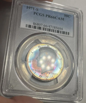1971-S KENNEDY HALF DOLLAR GRADED PCGS PR66 CAMEO TONED VIBRANT COLORFUL TONING - Image 1 of 2