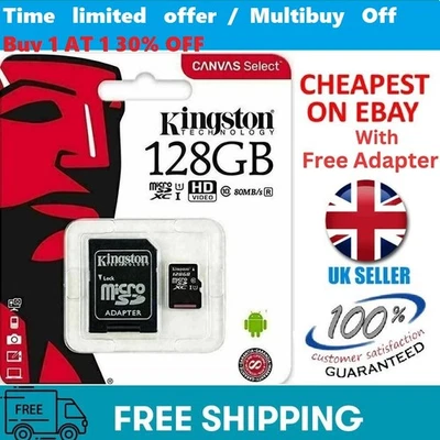 Kingston Micro SD Card 32GB 64GB 128GB 256 Class 10 SDXC Phone Memory & Adapter - Image 1 of 4