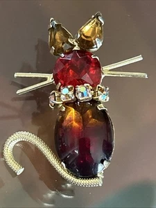 "Broche gato de colección tono dorado gelatina vientre rojo ámbar AB piedras de vidrio 1,6"" MCM 1950" - Imagen 1 de 17
