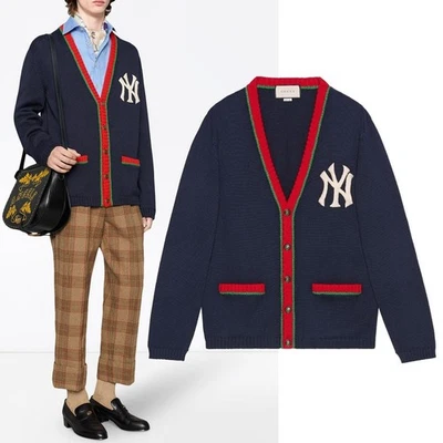 GUCCI MENS SWEATER CARDIGAN w NY YANKEES PATCH NAVY BLUE WOOL WEB M Medium - Image 1 of 4