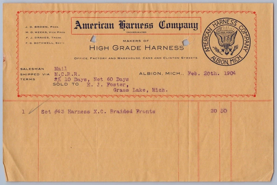 1904 American Harness Co Billhead Albion Michigan High Grade Harnesses - Image 1 of 1