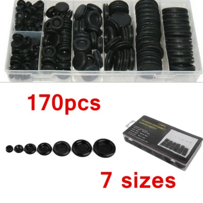 BCSMMCAR 170pc Black Rubber Grommet Firewall Wire Gasket Solid Hole Plug Assortment Set